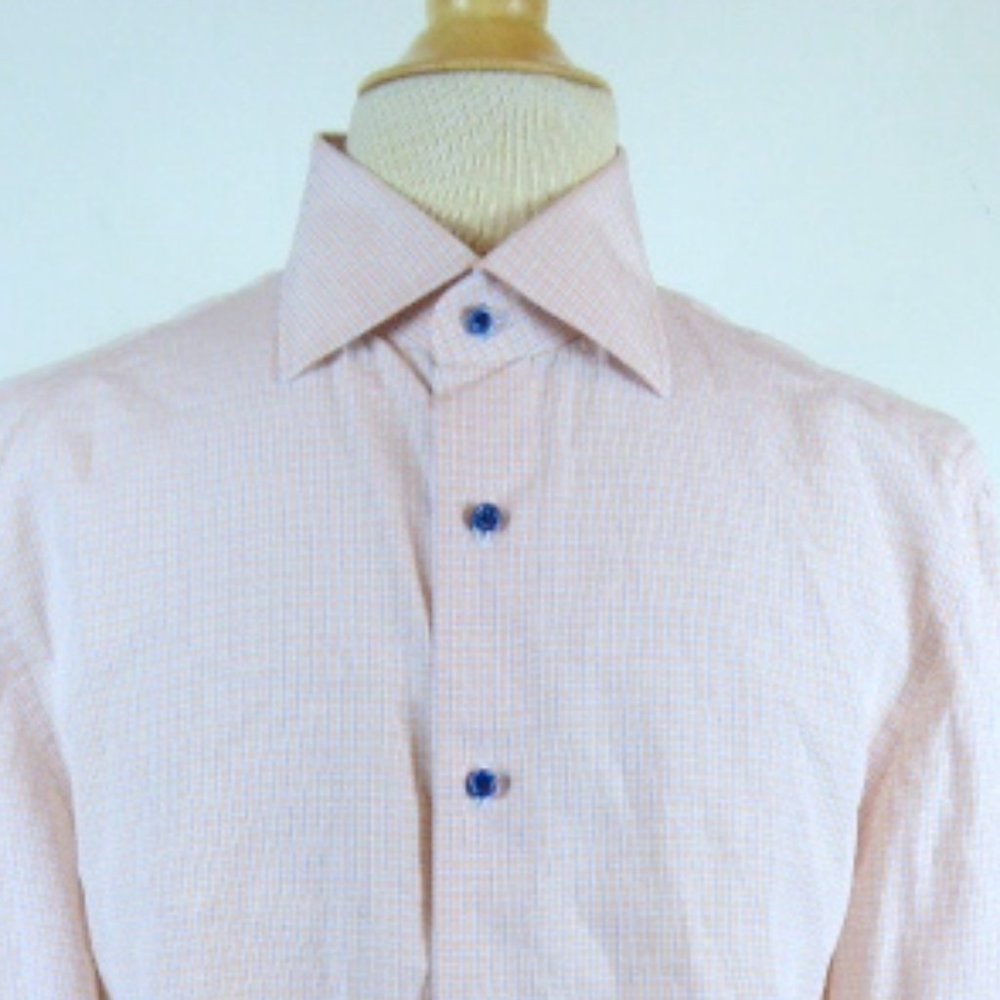 Isaia Napoli Italy dress shirt blue orange white check plaid cotton 16.5 L
